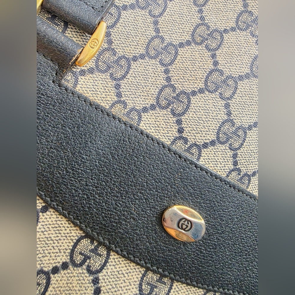 GUCCI GG Vintage Tote Big Shopper Rare Navy Leather Bag 39.02.061 Sherry Purse - Picture 4 of 16
